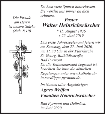 Traueranzeige von Walter Heinrichsrüscher von Deister- und Weserzeitung