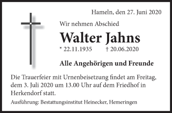 Traueranzeige von Walter Jahns von Deister- und Weserzeitung