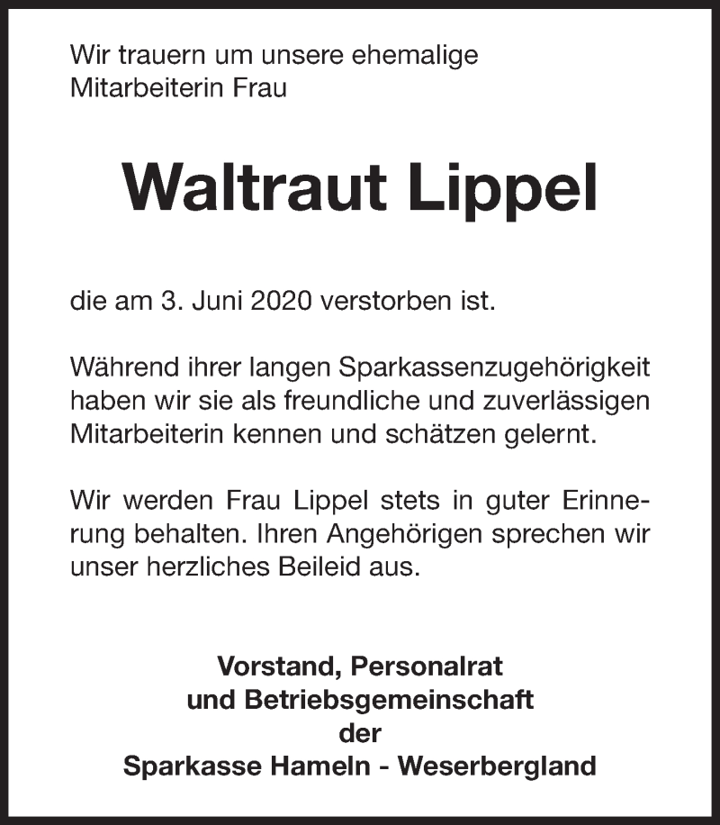  Traueranzeige für Waltraut Lippel vom 20.06.2020 aus Deister- und Weserzeitung
