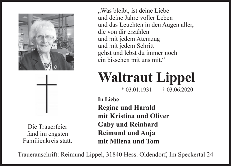  Traueranzeige für Waltraut Lippel vom 13.06.2020 aus Deister- und Weserzeitung