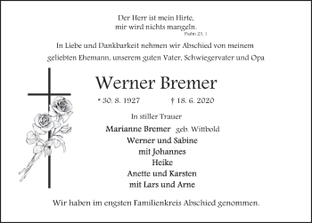 Traueranzeige von Werner Bremer von Deister- und Weserzeitung