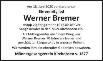 Traueranzeige von Werner Bremer von Deister- und Weserzeitung