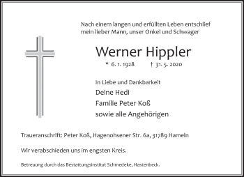Traueranzeige von Werner Hippler von Deister- und Weserzeitung