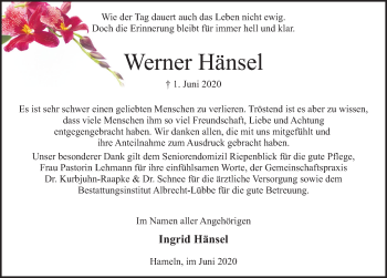Traueranzeige von Werner Hänsel von Deister- und Weserzeitung