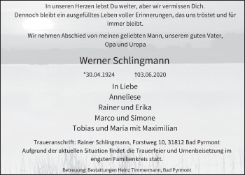 Traueranzeige von Werner Schlingmann von Deister- und Weserzeitung