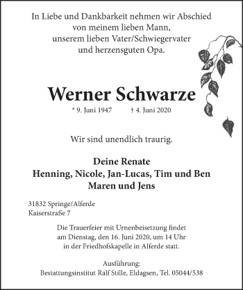 Traueranzeige von Werner Schwarze von Neue Deister-Zeitung
