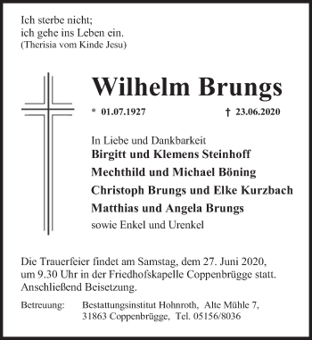 Traueranzeige von Wilhelm Brungs von Deister- und Weserzeitung