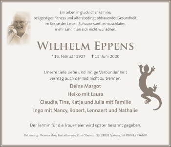 Traueranzeige von Wilhelm Eppens von Neue Deister-Zeitung
