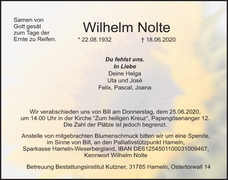  Traueranzeige für Wilhelm Nolte vom 20.06.2020 aus Deister- und Weserzeitung