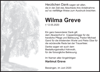 Traueranzeige von Wilma Greve von Deister- und Weserzeitung