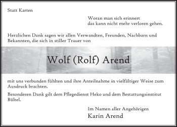 Traueranzeige von Wolf Arend von Deister- und Weserzeitung