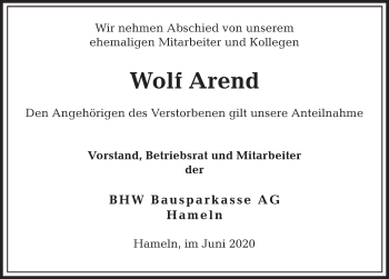 Traueranzeige von Wolf Arend von Deister- und Weserzeitung