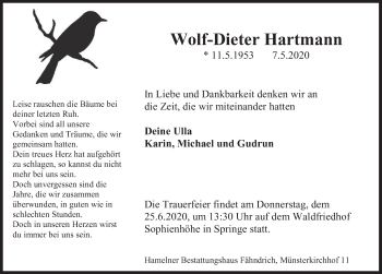 Traueranzeige von Wolf-Dieter Hartmann von Deister- und Weserzeitung