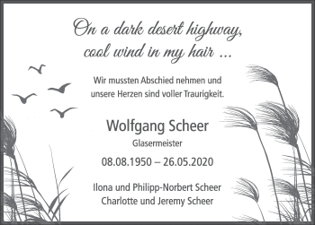 Traueranzeige von Wolfgang Scheer von Deister- und Weserzeitung