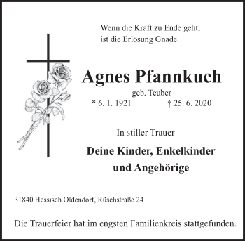 Traueranzeige von Agnes Pfannkuch von Deister- und Weserzeitung