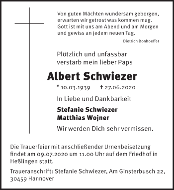 Traueranzeige von Albert Schwiezer von Deister- und Weserzeitung
