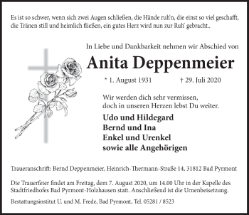Traueranzeige von Anita Deppenmeier von Deister- und Weserzeitung