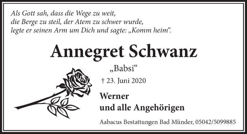  Traueranzeige für Annegret Schwanz vom 08.07.2020 aus Neue Deister-Zeitung