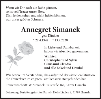 Traueranzeige von Annegret Simanek von Deister- und Weserzeitung