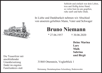 Traueranzeige von Bruno Niemann von Deister- und Weserzeitung