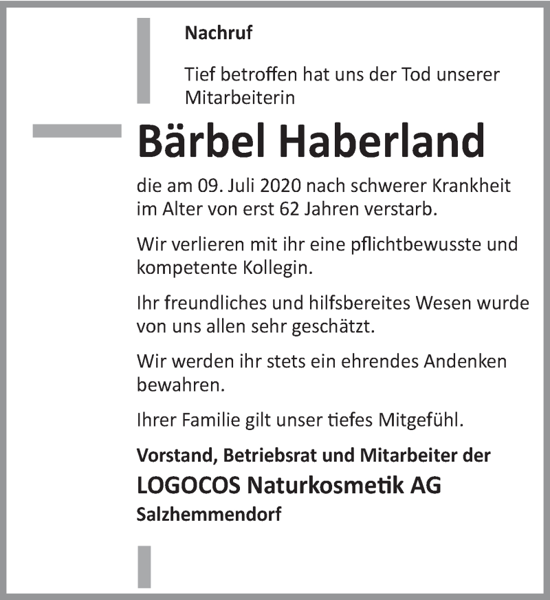  Traueranzeige für Bärbel Haberland vom 25.07.2020 aus Deister- und Weserzeitung