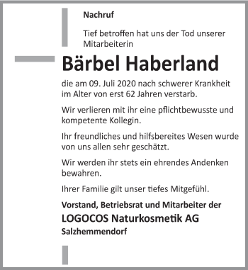 Traueranzeige von Bärbel Haberland von Deister- und Weserzeitung