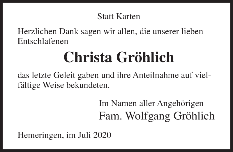  Traueranzeige für Christa Gröhlich vom 25.07.2020 aus Deister- und Weserzeitung