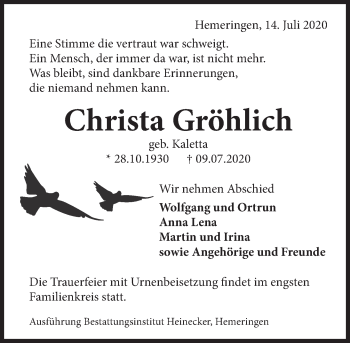 Traueranzeige von Christa Gröhlich von Deister- und Weserzeitung