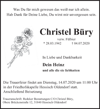 Traueranzeige von Christel Büry von Deister- und Weserzeitung
