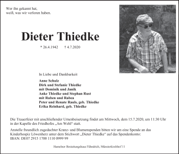 Traueranzeige von Dieter Thiedke von Deister- und Weserzeitung