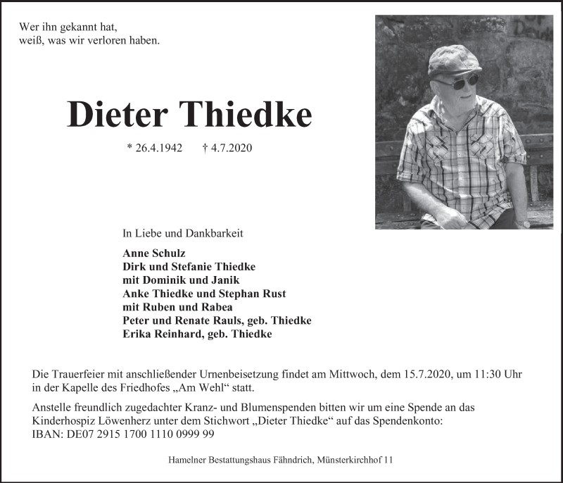  Traueranzeige für Dieter Thiedke vom 11.07.2020 aus Deister- und Weserzeitung