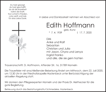 Traueranzeige von Edith Hoffmann von Deister- und Weserzeitung