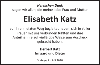 Traueranzeige von Elisabeth Katz von Neue Deister-Zeitung