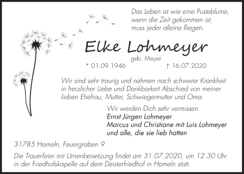 Traueranzeige von Elke Lohmeyer von Deister- und Weserzeitung