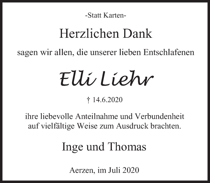  Traueranzeige für Elli Liehr vom 11.07.2020 aus Deister- und Weserzeitung