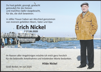 Traueranzeige von Erich Nickel von Deister- und Weserzeitung