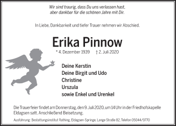 Traueranzeige von Erika Pinnow von Neue Deister-Zeitung