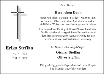 Traueranzeige von Erika Steffan von Deister- und Weserzeitung