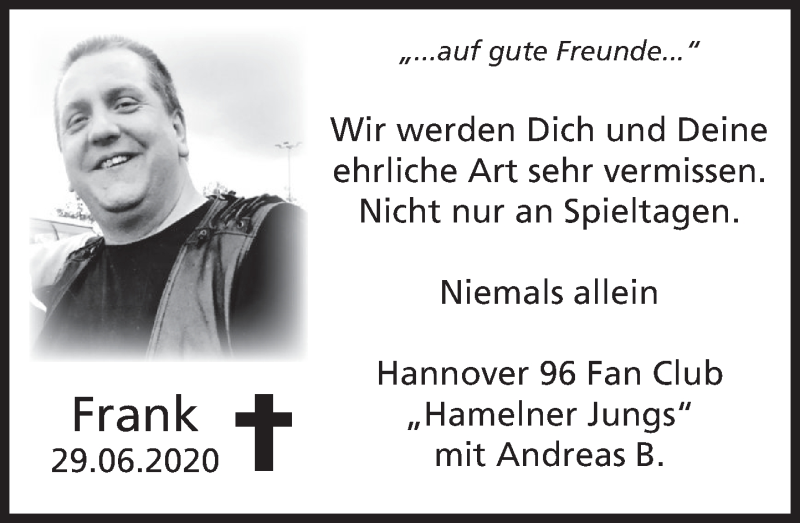  Traueranzeige für Frank Mehmke vom 04.07.2020 aus Deister- und Weserzeitung