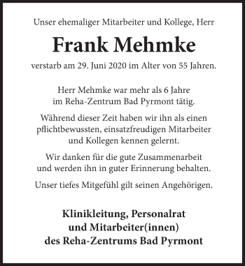 Traueranzeige von Frank Mehmke von Deister- und Weserzeitung