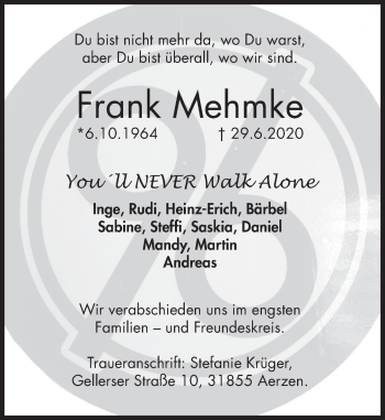 Traueranzeige von Frank Mehmke von Deister- und Weserzeitung