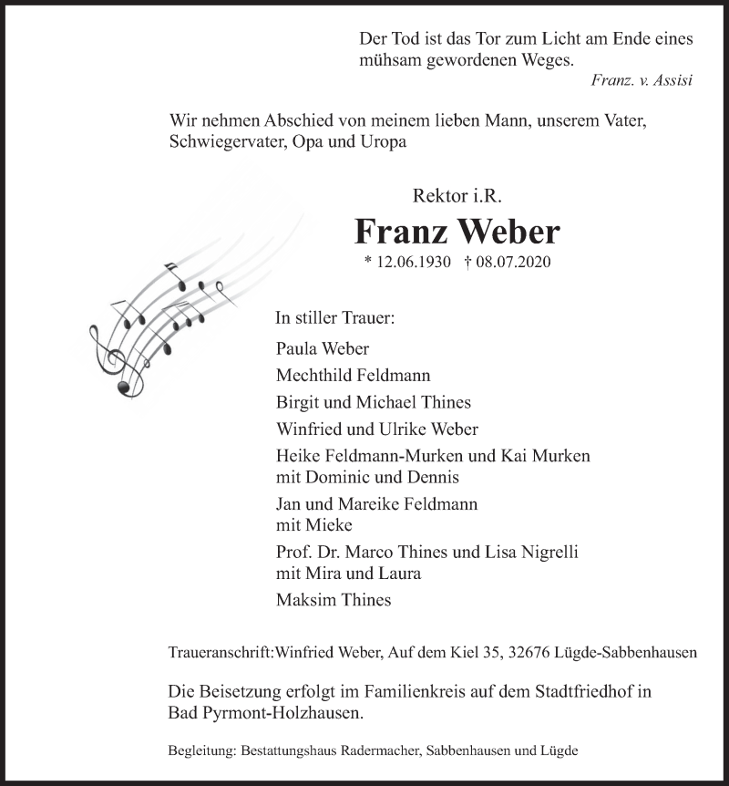  Traueranzeige für Franz Weber vom 11.07.2020 aus Deister- und Weserzeitung