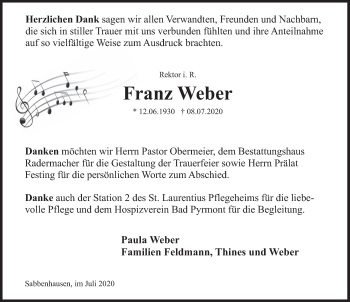 Traueranzeige von Franz Weber von Deister- und Weserzeitung