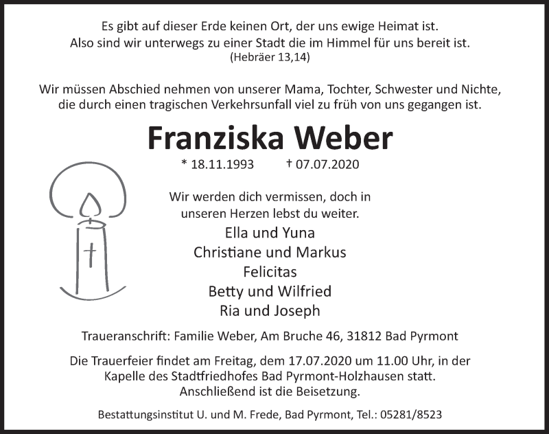 Traueranzeigen Von Franziska Weber Trauerportal Ihrer Tageszeitung 