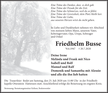 Traueranzeige von Friedhelm Busse von Deister- und Weserzeitung