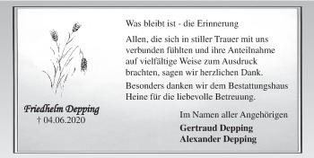 Traueranzeige von Friedhelm Depping von Deister- und Weserzeitung