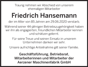 Traueranzeige von Friedrich Hansemann von Deister- und Weserzeitung