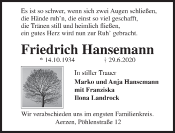 Traueranzeige von Friedrich Hansemann von Deister- und Weserzeitung