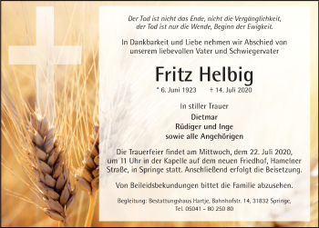 Traueranzeige von Fritz Helbig von Neue Deister-Zeitung