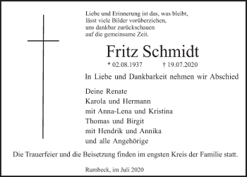 Traueranzeige von Fritz Schmidt von Deister- und Weserzeitung